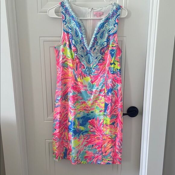 Lilly Pulitzer Pink and Blue V-neck Sheath Mini Dress - Picture 1 of 6